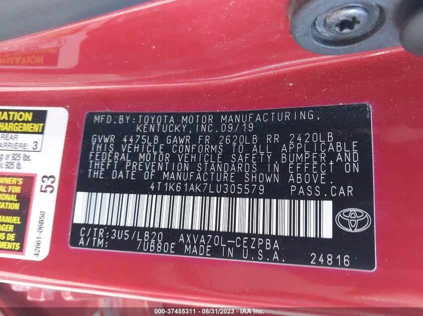 VIN 4T1K61AK7LU305579 2020 TOYOTA CAMRY XSE