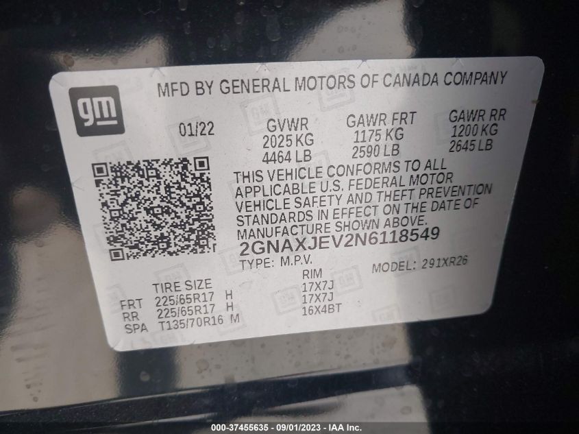 2022 CHEVROLET EQUINOX LT - 2GNAXJEV2N6118549