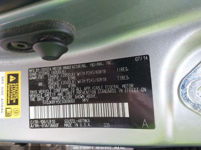 2014 TOYOTA HIGHLANDER XLE - 5TDJKRFH5ES069660