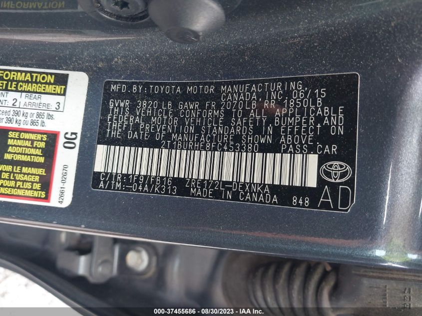 2015 TOYOTA COROLLA L/LE/S/S PLUS/LE PLUS - 2T1BURHE8FC453380