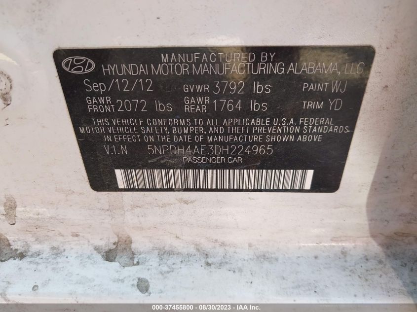 2013 HYUNDAI ELANTRA GLS/LIMITED - 5NPDH4AE3DH224965