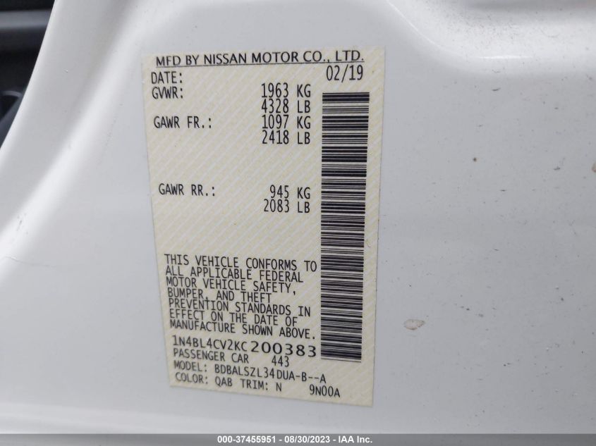 2019 NISSAN ALTIMA 2.5 SR - 1N4BL4CV2KC200383