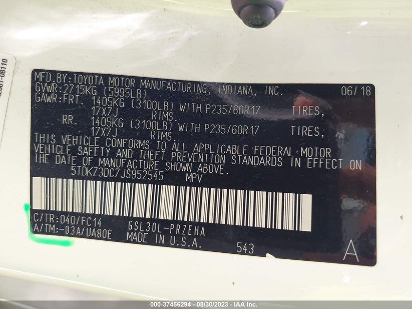 VIN 5TDKZ3DC7JS952545 2018 TOYOTA SIENNA LE