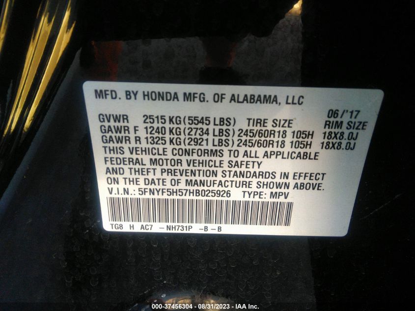 2017 HONDA PILOT EX-L - 5FNYF5H57HB025926