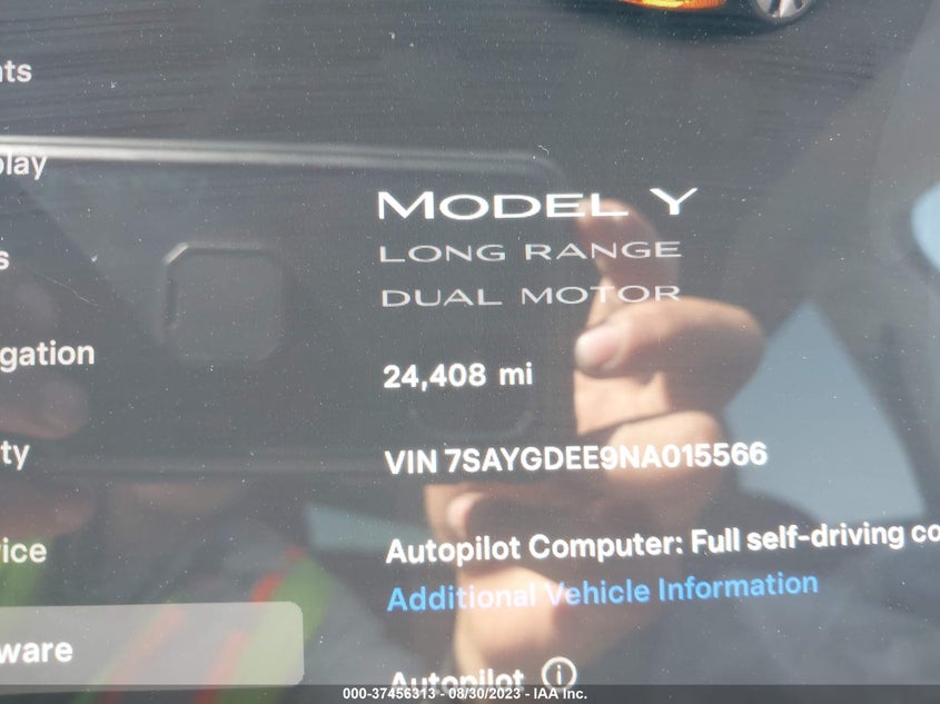 VIN 7SAYGDEE9NA015566 2022 TESLA MODEL Y LONG RANGE
