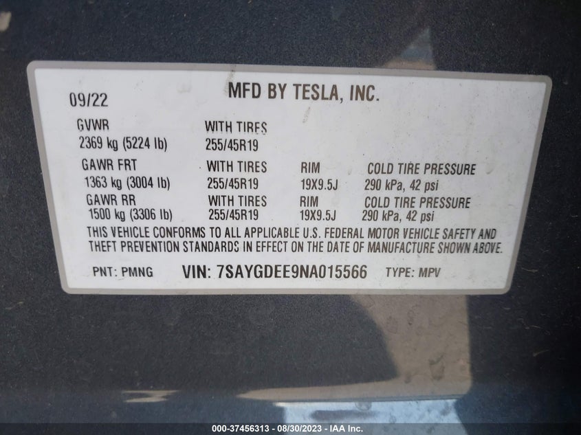 VIN 7SAYGDEE9NA015566 2022 TESLA MODEL Y LONG RANGE