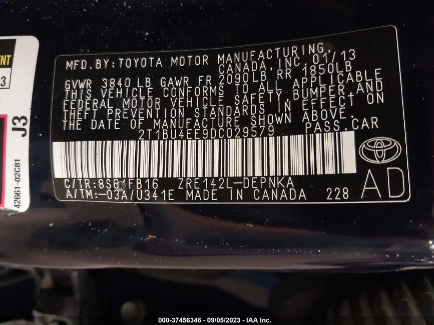 2013 TOYOTA COROLLA L/LE/S - 2T1BU4EE9DC029579