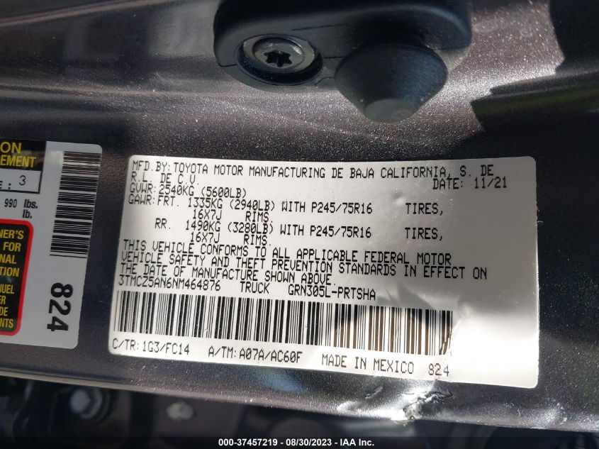 2022 TOYOTA TACOMA 4WD SR/SR5/TRD SPORT - 3TMCZ5AN6NM464876