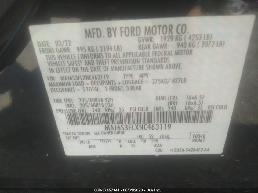 2022 FORD ECOSPORT S - MAJ6S3FLXNC463119