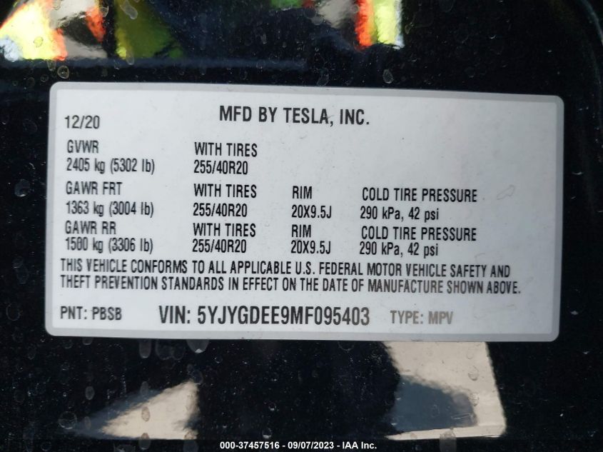 2021 TESLA MODEL Y - 5YJYGDEE9MF095403