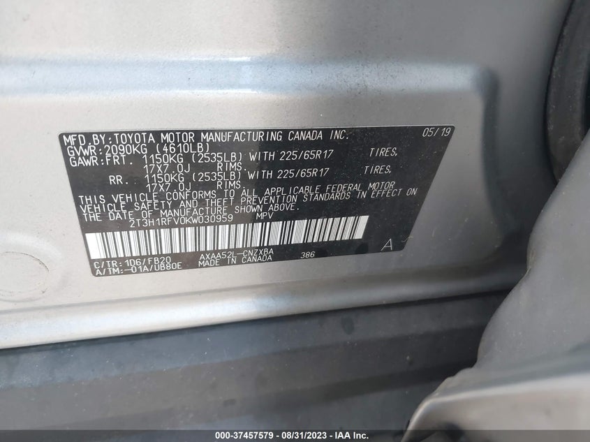 VIN 2T3H1RFV0KW030959 2019 TOYOTA RAV4 LE