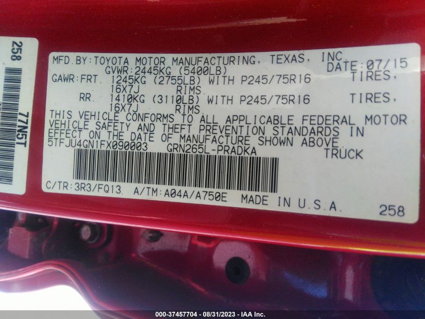 2015 TOYOTA TACOMA PRERUNNER - 5TFJU4GN1FX090003