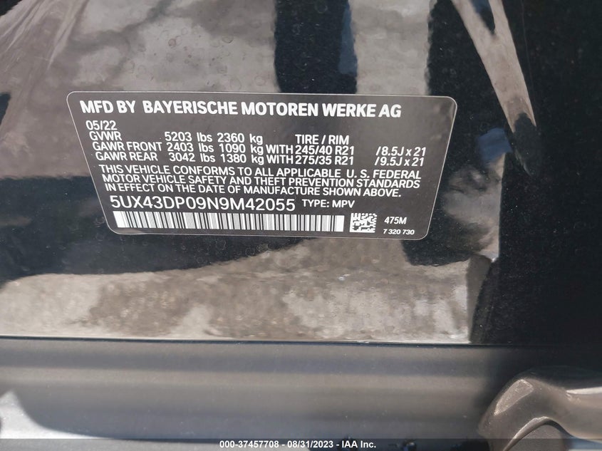 VIN 5UX43DP09N9M42055 2022 BMW X3 SDRIVE30I