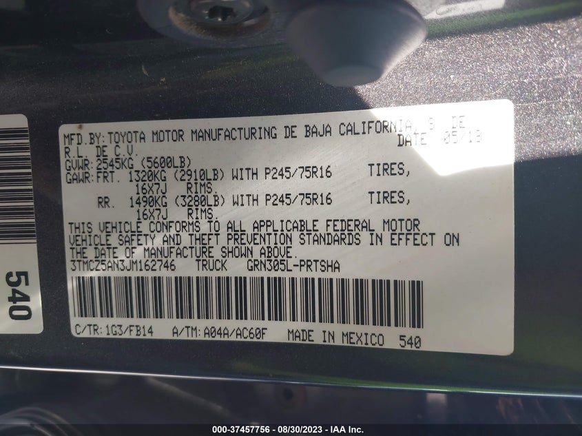 VIN 3TMCZ5AN3JM162746 2018 TOYOTA TACOMA SR/SR5/TRD SPORT