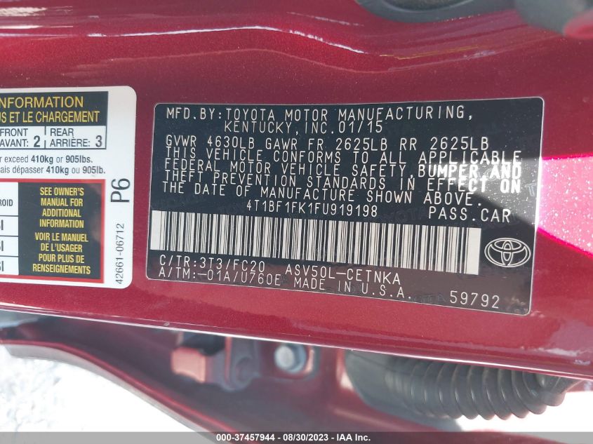 2015 TOYOTA CAMRY XLE/SE/LE/XSE - 4T1BF1FK1FU919198