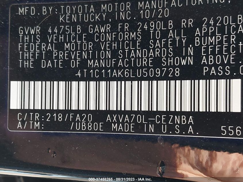 2020 TOYOTA CAMRY LE - 4T1C11AK6LU509728