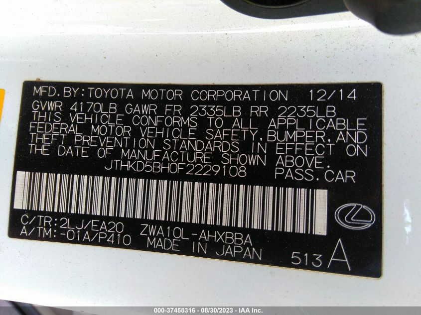 2015 LEXUS CT 200H - JTHKD5BH0F2229108