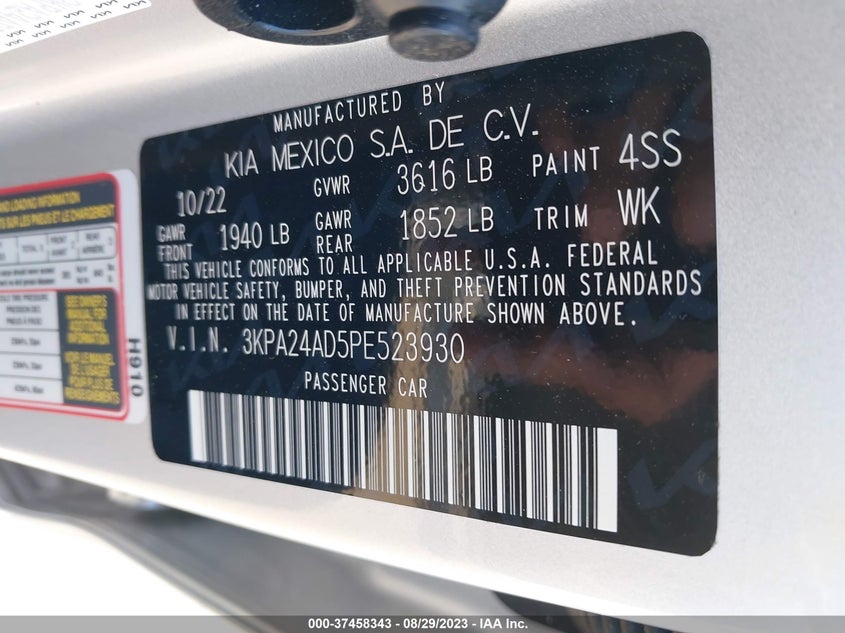 VIN 3KPA24AD5PE523930 2023 KIA RIO LX/S