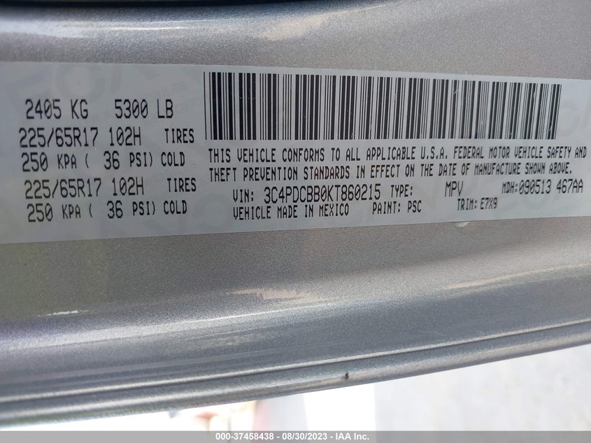 VIN 3C4PDCBB0KT860215 2019 DODGE JOURNEY SE