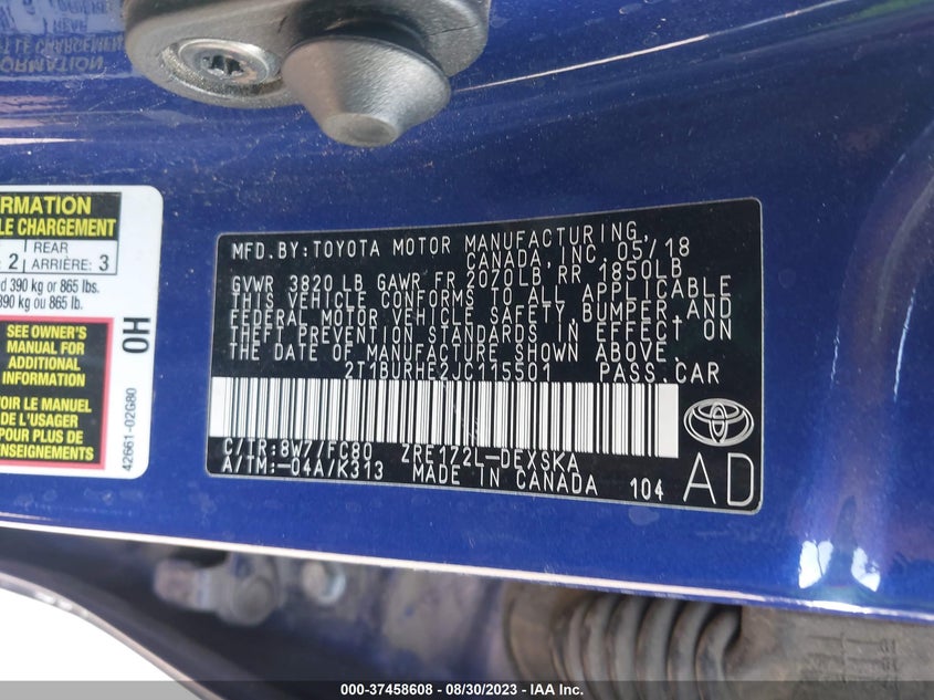 VIN 2T1BURHE2JC115501 2018 TOYOTA COROLLA L/LE/XLE/SE/XSE