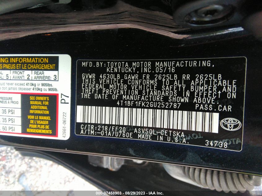 2016 TOYOTA CAMRY LE/XLE/SE/XSE - 4T1BF1FK2GU252787