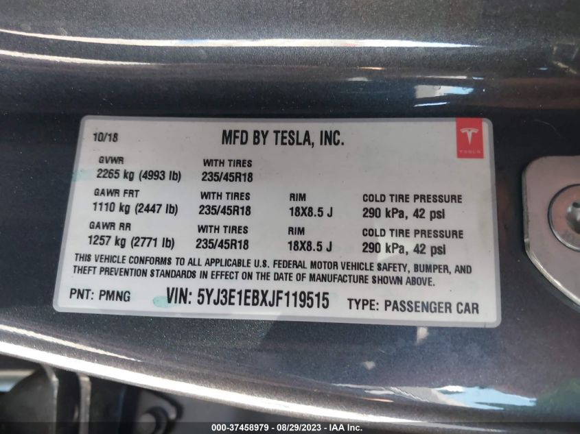 2018 TESLA MODEL 3 LONG RANGE - 5YJ3E1EBXJF119515