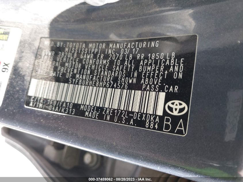 2017 TOYOTA COROLLA L/LE/XLE/SE - 5YFBURHE8HP674576