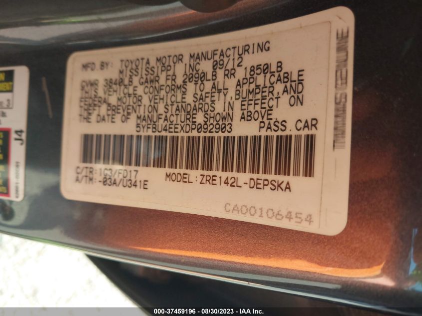 2013 TOYOTA COROLLA L/LE/S - 5YFBU4EEXDP092903