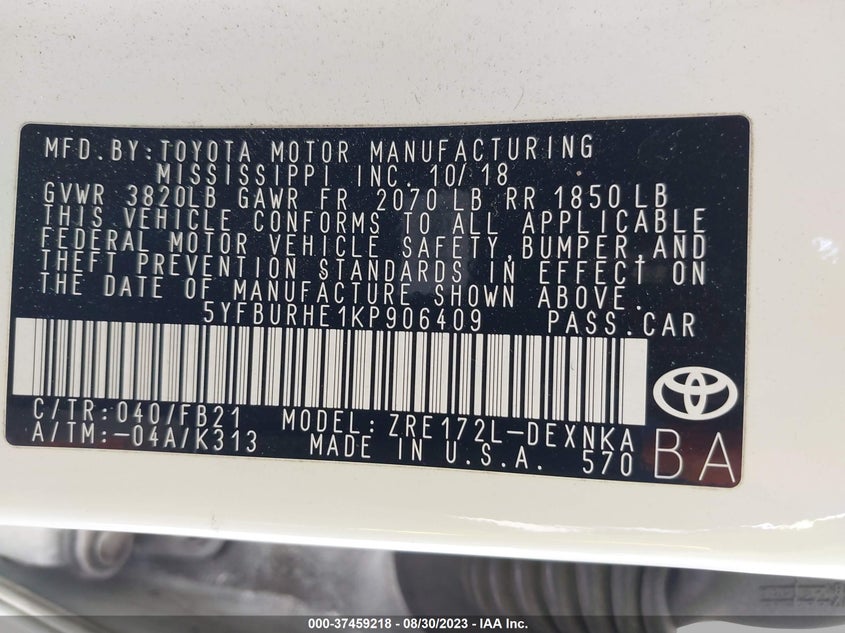 VIN 5YFBURHE1KP906409 2019 TOYOTA COROLLA L/LE/SE/XLE/XSE