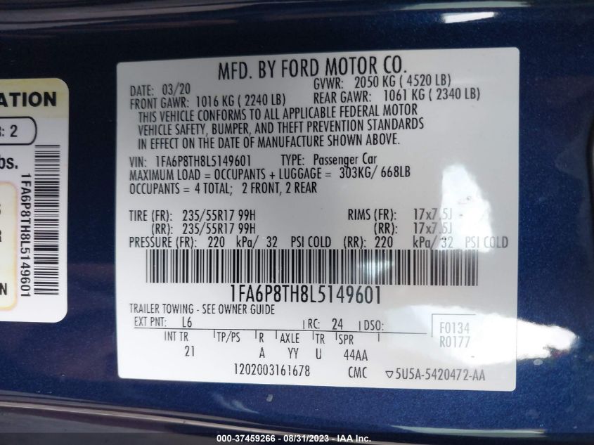 2020 FORD MUSTANG - 1FA6P8TH8L5149601