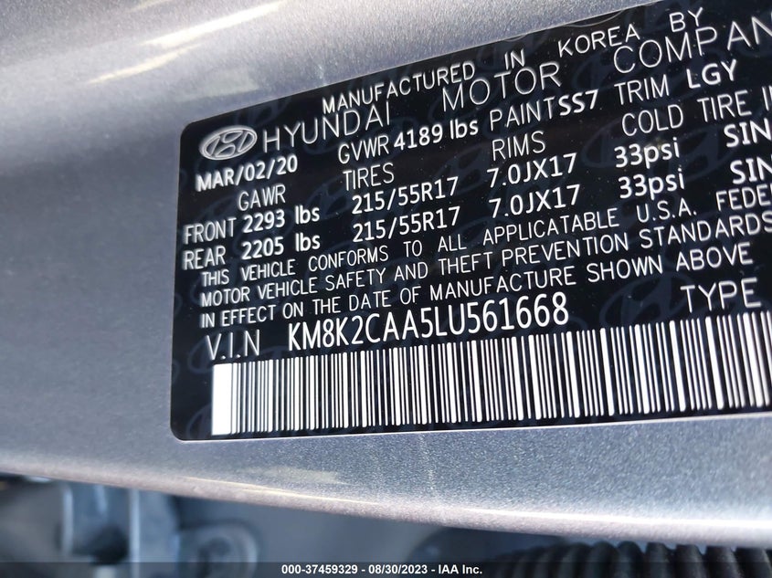 VIN KM8K2CAA5LU561668 2020 HYUNDAI KONA SEL