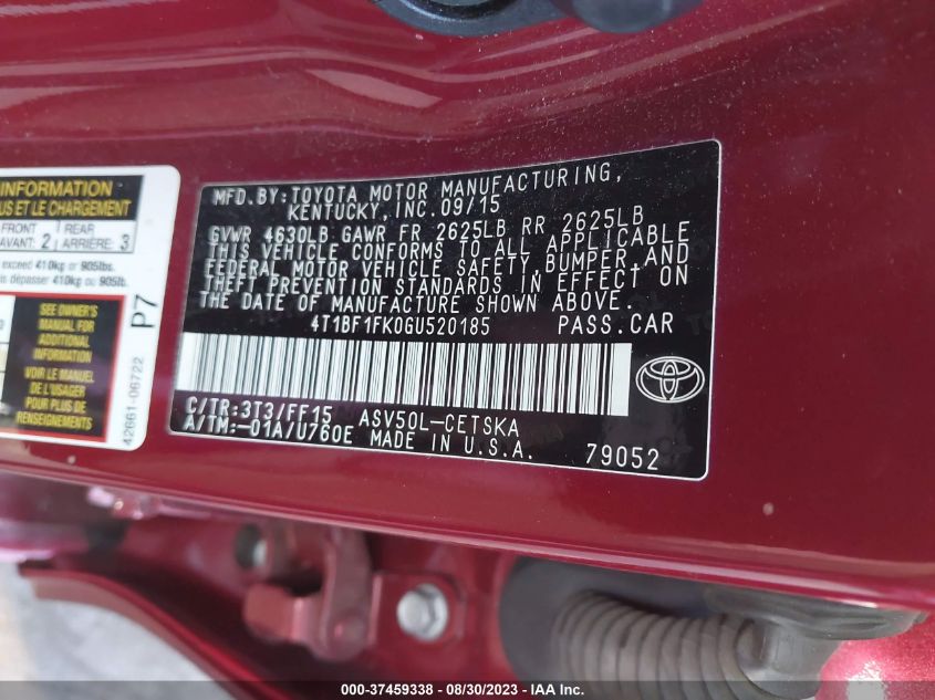 2016 TOYOTA CAMRY XLE/SE/LE/XSE - 4T1BF1FK0GU520185