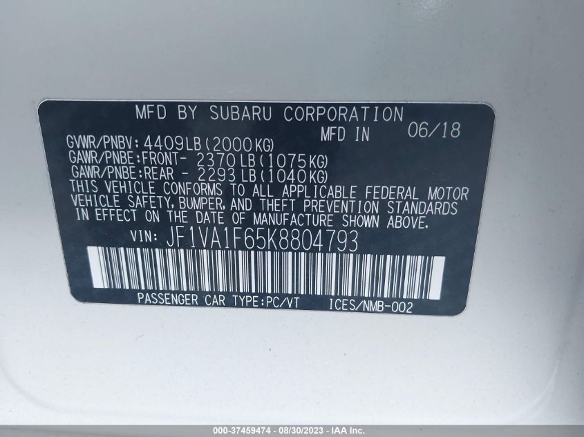 2019 SUBARU WRX PREMIUM - JF1VA1F65K8804793