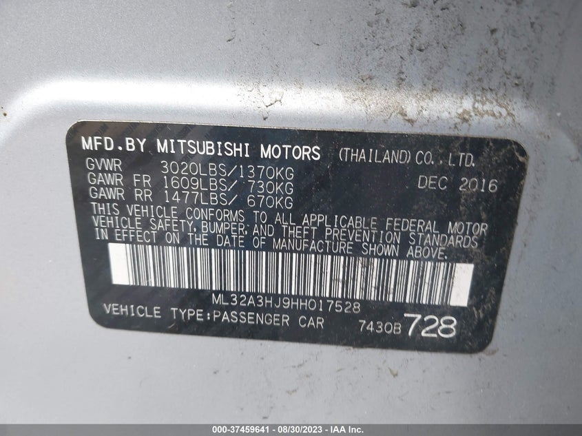 VIN ML32A3HJ9HH017528 2017 MITSUBISHI MIRAGE ES