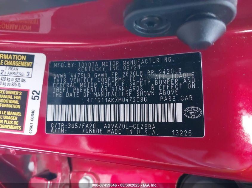 2021 TOYOTA CAMRY SE - 4T1G11AKXMU472086