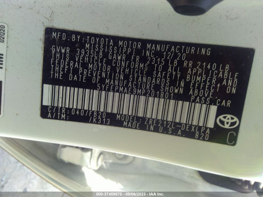 2021 TOYOTA COROLLA LE - 5YFEPMAE9MP201801