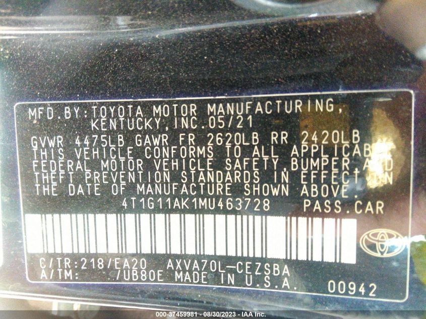 2021 TOYOTA CAMRY SE - 4T1G11AK1MU463728