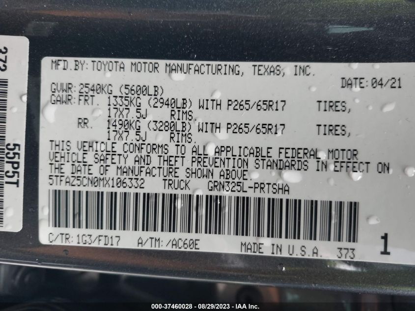 2021 TOYOTA TACOMA 2WD SR5/TRD SPORT 5TFAZ5CN0MX106332