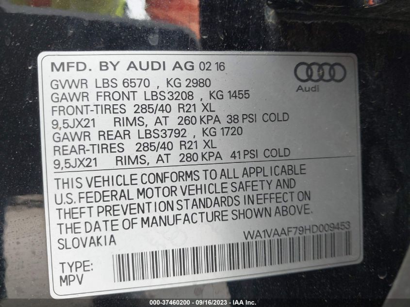 WA1VAAF79HD009453 2017 AUDI Q7, photo no. 9