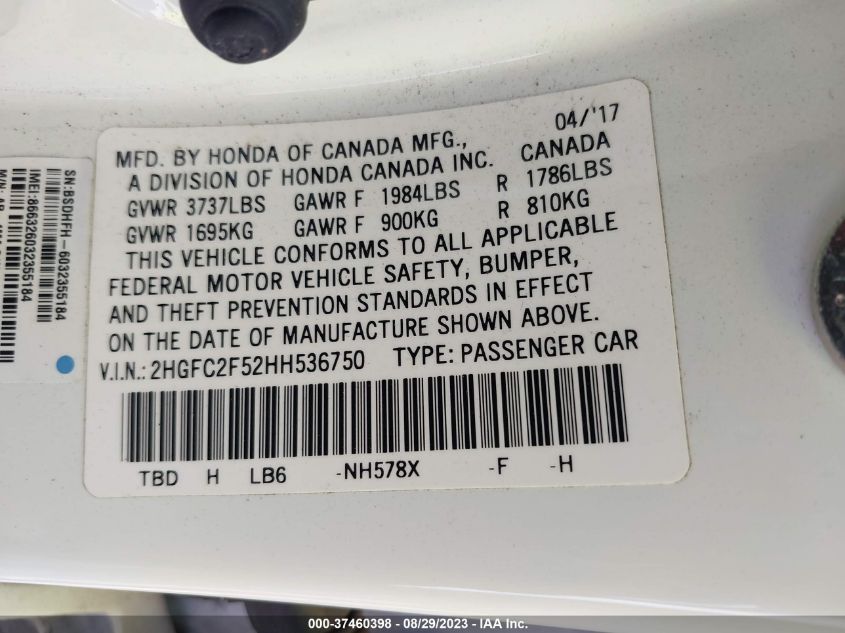 2017 HONDA CIVIC SEDAN LX - 2HGFC2F52HH536750