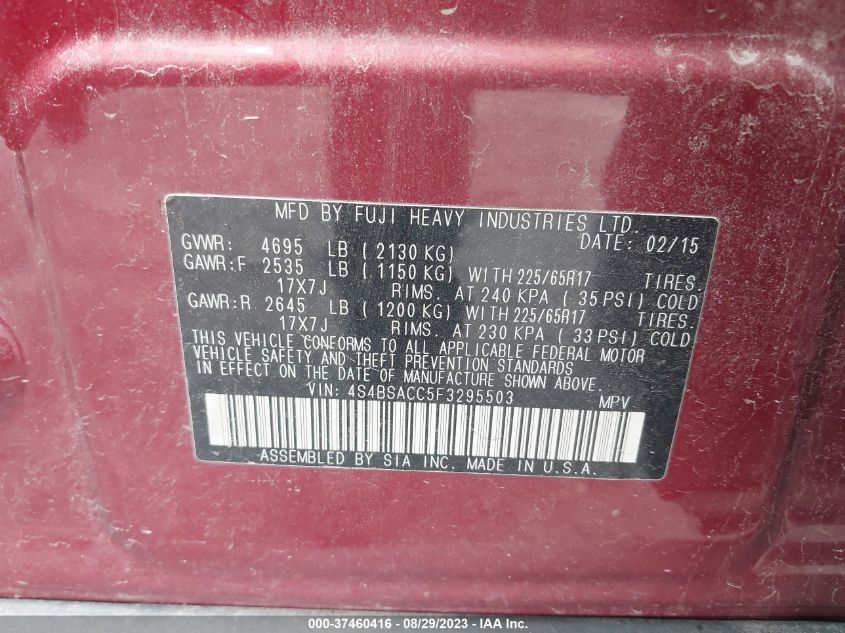 2015 SUBARU OUTBACK 2.5I PREMIUM - 4S4BSACC5F3295503