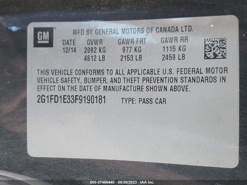 2015 CHEVROLET CAMARO LT - 2G1FD1E33F9190181