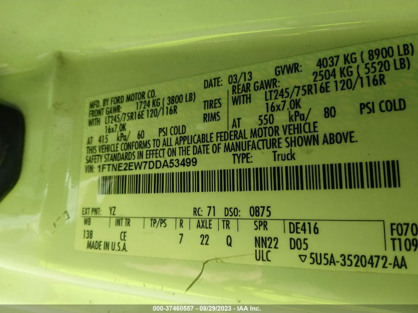 2013 FORD ECONOLINE CARGO VAN COMMERCIAL/RECREATIONAL 1FTNE2EW7DDA53499