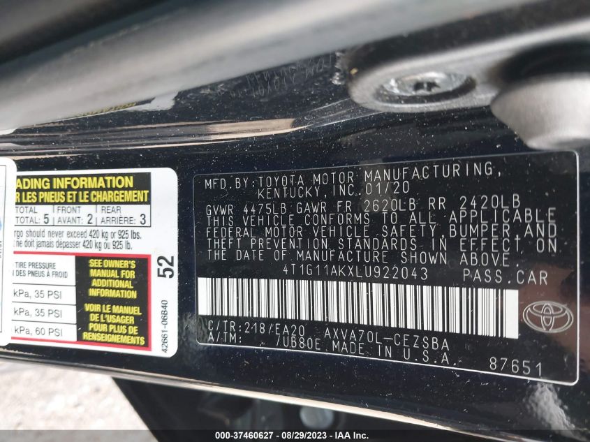 2020 TOYOTA CAMRY SE - 4T1G11AKXLU922043