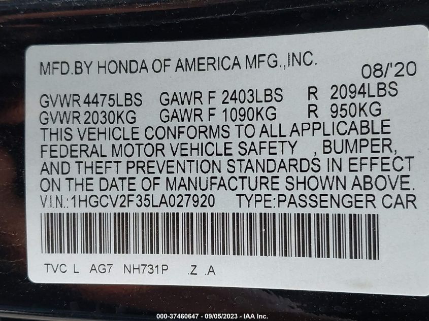 2020 HONDA ACCORD SEDAN SPORT - 1HGCV2F35LA027920