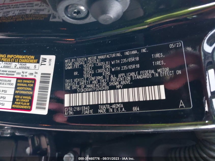VIN 5TDKDRAH7PS040489 2023 TOYOTA HIGHLANDER L/LE/XLE/XSE/LIMITED