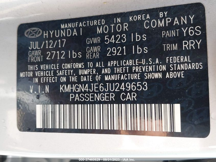 2018 GENESIS G80 3.8L KMHGN4JE6JU249653