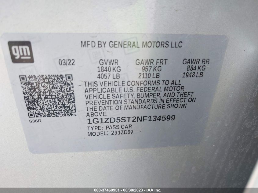 2022 CHEVROLET MALIBU LT - 1G1ZD5ST2NF134599