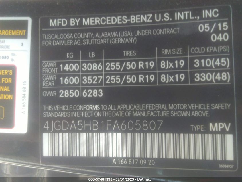 2015 MERCEDES-BENZ M-CLASS ML 350 4JGDA5HB1FA605807
