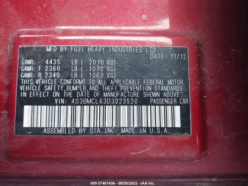 2013 SUBARU LEGACY 2.5I LIMITED - 4S3BMCL63D3023520